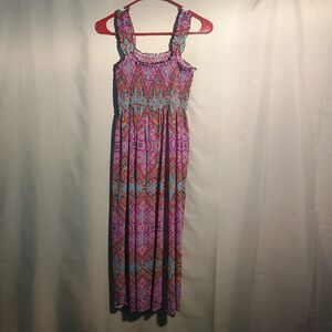 Women’s Boho Maxi Dress Sleeveless Smocked Bodice Multicolor Tribal Print